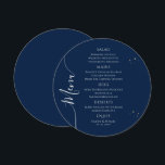 Mystical Blue Silver Sun Moon Stars Space Wedding Menu<br><div class="desc">Mystical Blue Silver Sun Moon Stars Space Wedding Menu Cards features simple gold stars on a blue background with your menu details in the center in modern silver calligraphy script. Personalize by editing the text in the text boxes provided. Designed for you by  ©Evco Studio at www.zazzle.com/store/evcostudio</div>