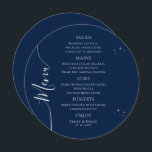 Mystical Blue Silver Sun Moon Stars Space Wedding Menu<br><div class="desc">Mystical Blue Silver Sun Moon Stars Space Wedding Menu Cards features simple gold stars on a blue background with your menu details in the center in modern silver calligraphy script. Personalize by editing the text in the text boxes provided. Designed for you by  ©Evco Studio at www.zazzle.com/store/evcostudio</div>