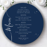 Mystical Blue Silver Sun Moon Stars Space Wedding Menu<br><div class="desc">Mystical Blue Silver Sun Moon Stars Space Wedding Menu Cards features simple silver stars on a blue background with your menu details in the center in modern silver calligraphy script. Personalize by editing the text in the text boxes provided. Designed for you by ©Evco Studio at www.zazzle.com/store/evcostudio</div>