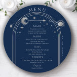 Mystical Blue Silver Sun Moon Stars Space Wedding Menu<br><div class="desc">Mystical Blue Silver Sun Moon Stars Space Wedding Menu Cards features a silver sun, moon and stars frame on a blue background with your menu details in the center in modern silver calligraphy script. Personalize by editing the text in the text boxes provided. Designed for you by Evco Studio ©...</div>