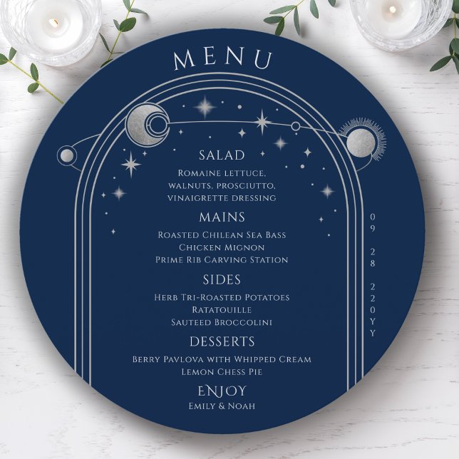 Mystical Blue Silver Sun Moon Stars Space Wedding Menu (Creator Uploaded)