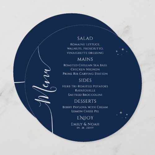 Mystical Blue Silver Sun Moon Stars Space Wedding Menu