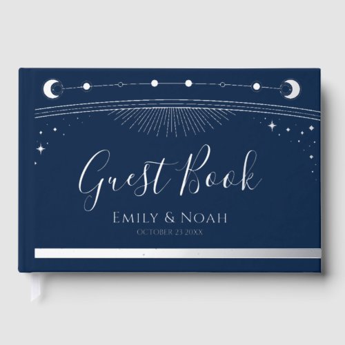 Mystical Blue Silver Sun Moon Stars Wedding Foil Guest Book