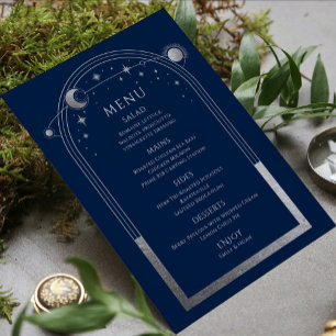 Mystical Blue Silver Sun Moon Stars Wedding Menu