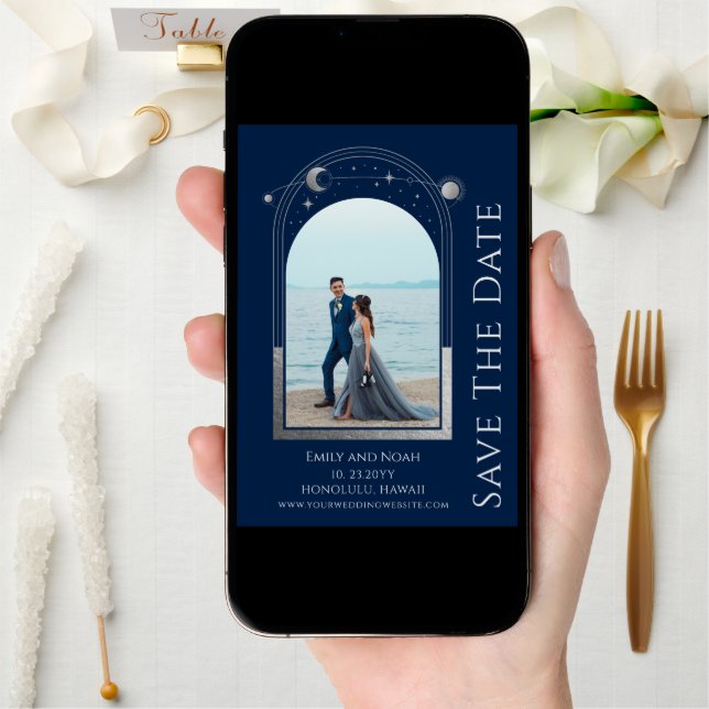 Mystical Blue Silver Sun Moon Stars Wedding Save The Date (Front Digital)