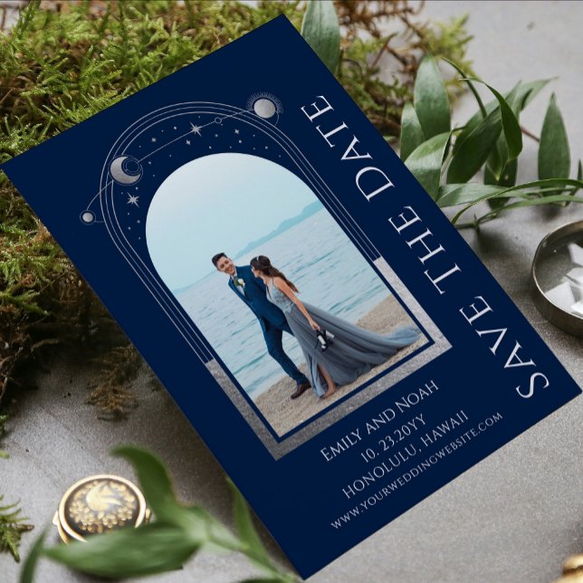 Mystical Blue Silver Sun Moon Stars Wedding Save The Date (Creator Uploaded)