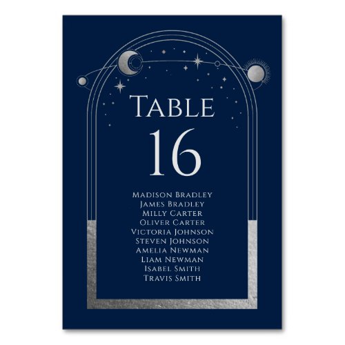 Mystical Blue Silver Sun Moon Stars Wedding Table Number