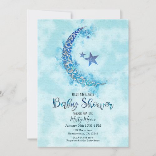 Mystical Blue  Silver Watercolor Half Lunar Moon Invitation