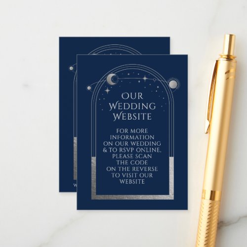 Mystical Blue Silver Wedding Website RSVP QR Code Enclosure Card