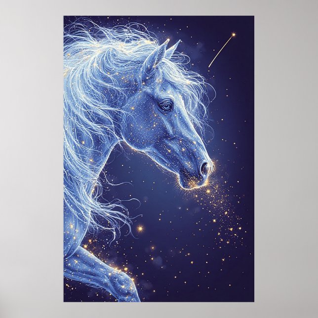 Mystical Blue Unicorn in Starry Night Sky Poster (Front)