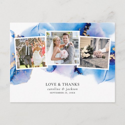 Mystical Blue Watercolor Photo Wedding Thank You Postcard