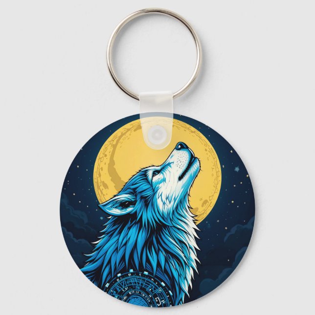 Mystical Blue Wolf Howling at a Full Moon Keychain (Front)