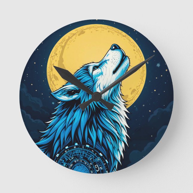 Mystical Blue Wolf Howling at a Full Moon Round Clock (Front)