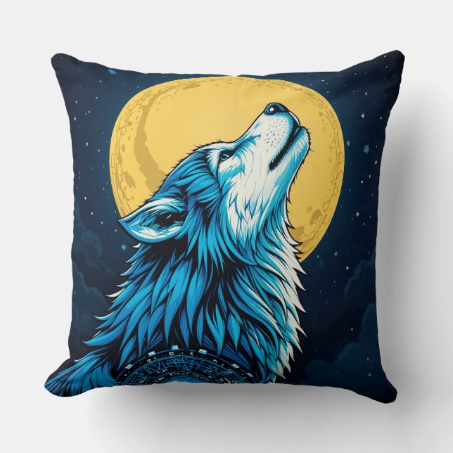 Mystical Blue Wolf Howling at a Full Moon Throw Pillow (Front)