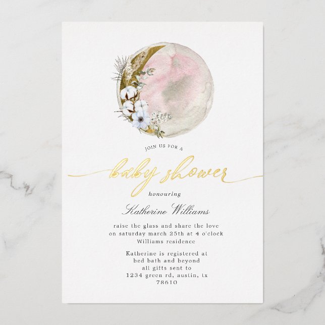 mystical bohemian moon baby Shower Foil Invitation (Front)