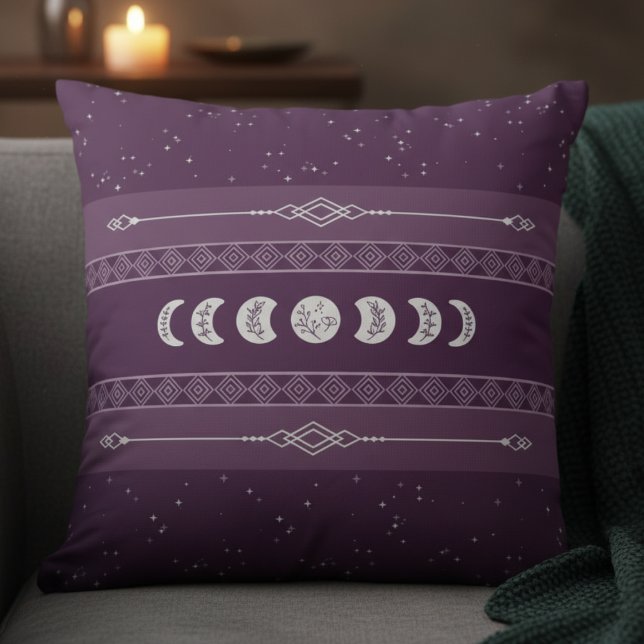 Mystical Bohemian Plum Celestial Moon Phase Throw Pillow (Ideal for those searching for Boho, Witchy, Aesthetic, or Spiritual Wellness decor)