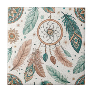 Mystical Boho Dreamcatcher Hoop & Feathers Pattern Ceramic Tile