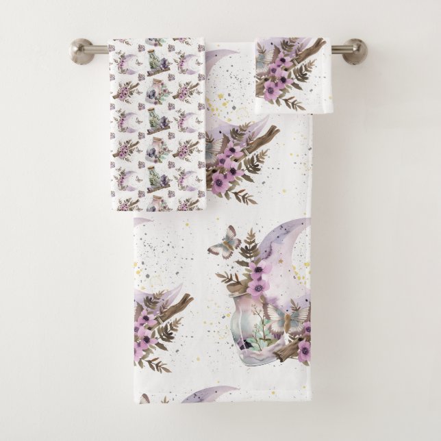 Mystical Boho Lavender Anemone Moon & Potions Bath Towel Set (Insitu)