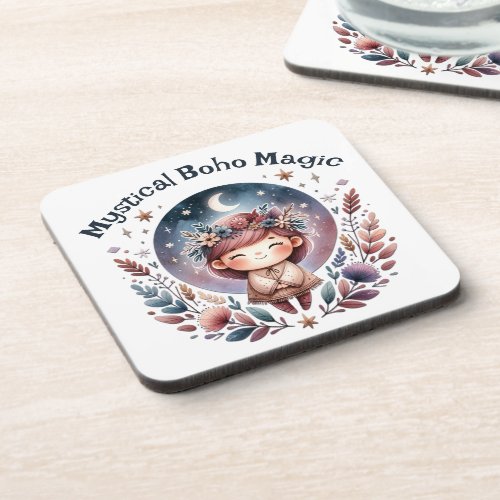 Mystical Boho Magic Black Text on White  Beverage Coaster