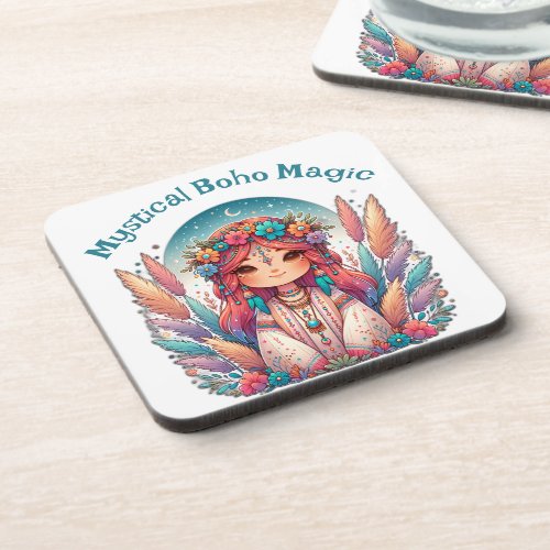 Mystical Boho Magic Blue Text on White  Beverage Coaster