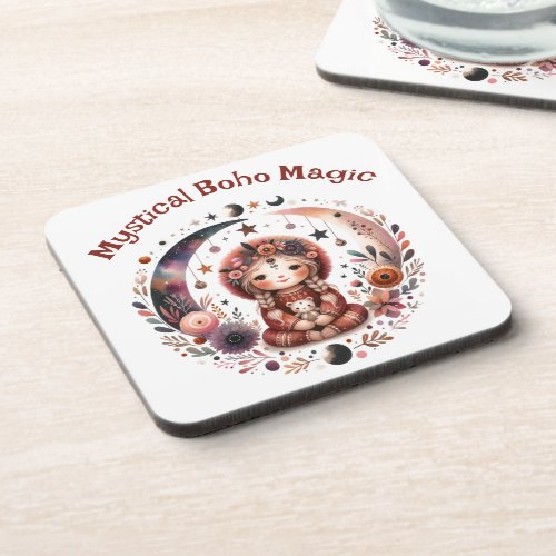 Mystical Boho Magic Brown Text on White  Beverage Coaster