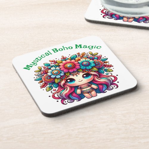 Mystical Boho Magic Green Text on White  Beverage Coaster