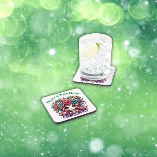 Mystical Boho Magic Green Text on White  Beverage Coaster