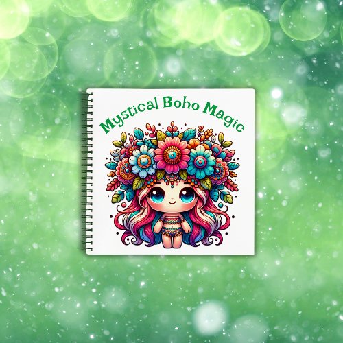 Mystical Boho Magic Green Text on White  Notebook