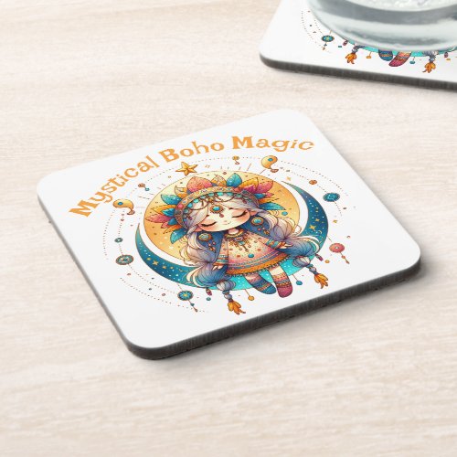 Mystical Boho Magic Orange Text on White  Beverage Coaster