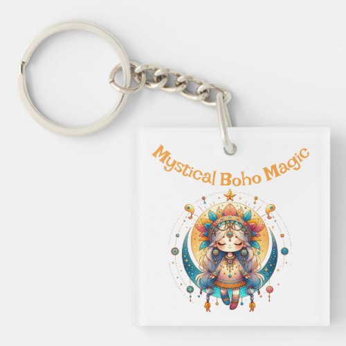 Mystical Boho Magic Orange Text on White  Keychain