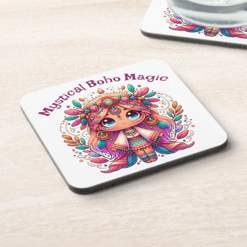 Mystical Boho Magic Plum Text on White  Beverage Coaster