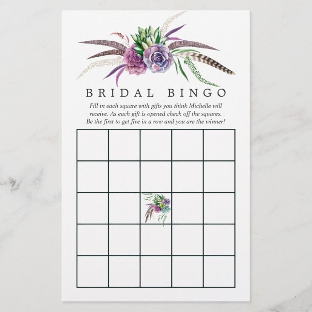 Mystical Boho Succulent Bridal Shower Bingo (Front)