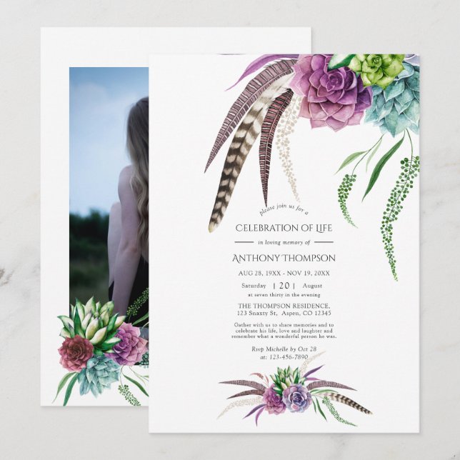 Mystical Boho Succulent Celebration of Life Photo Invitation (Front/Back)