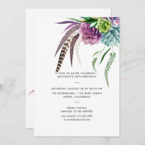 Mystical Boho Watercolor Succulent Birthday Party Invitation