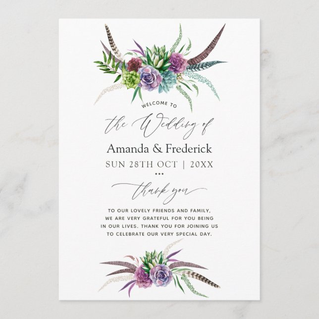 Mystical Boho Watercolor Succulent Wedding Program (Front)