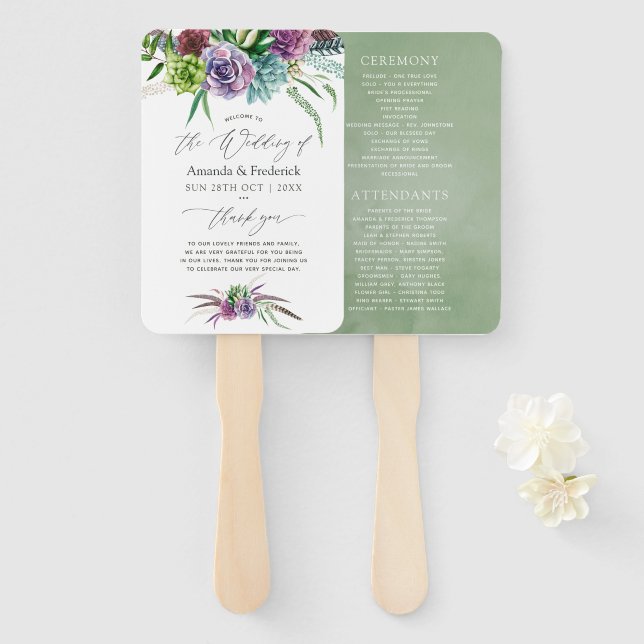 Mystical Boho Watercolor Succulent Wedding Program Hand Fan (Front and Back)