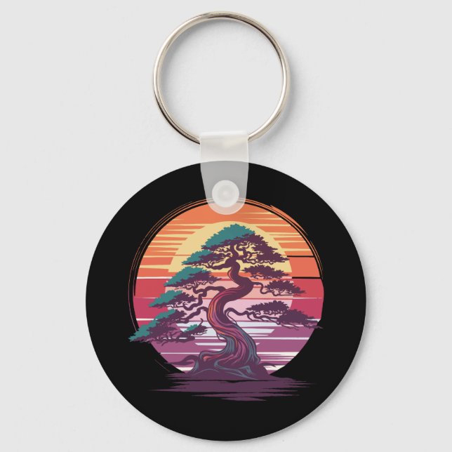 Mystical Bonsai Tree - Retro Sunset Aesthetic Keychain (Front)