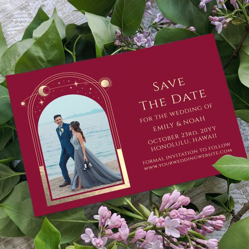 Mystical Burgundy Gold Sun Moon Star Space Save The Date