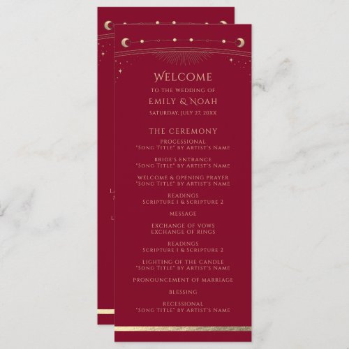 Mystical Burgundy Gold Sun Star Moon Space Wedding Program