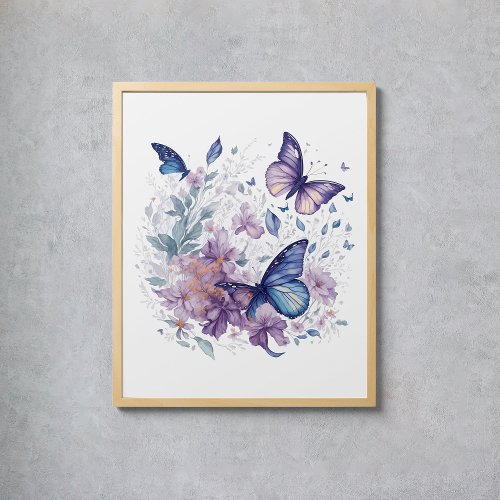 Mystical Butterflies Watercolor Purple Blue Flower Poster