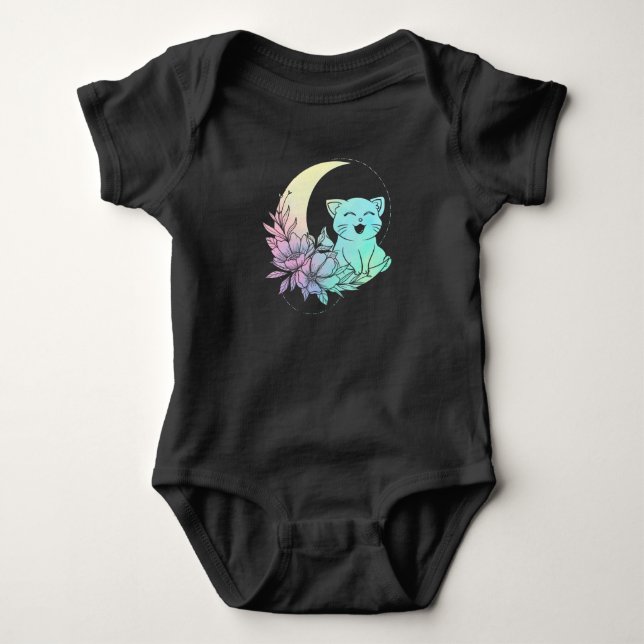 Mystical Cat Crescent Moon Pastel Goth Wicca Baby Bodysuit (Front)