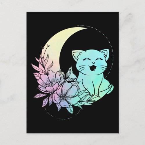 Mystical Cat Crescent Moon Pastel Goth Wicca Postcard