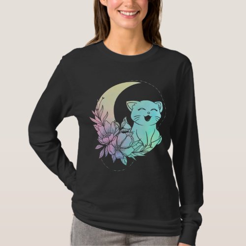 Mystical Cat Crescent Moon Pastel Goth Wicca T_Shirt