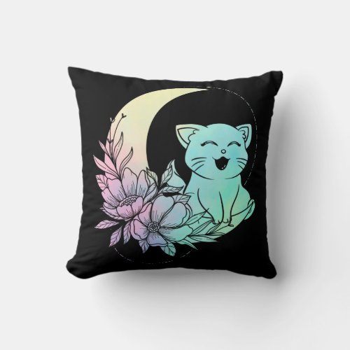 Mystical Cat Crescent Moon Pastel Goth Wicca Throw Pillow