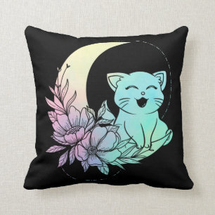 Mystical Cat Crescent Moon Pastel Goth Wicca Throw Pillow