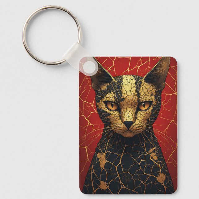 Mystical Cat Face With Golden Fracture Lines 🌙 Keychain (Front)