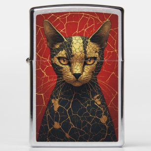 Mystical Cat Face With Golden Fracture Lines 🌙 Zippo Lighter