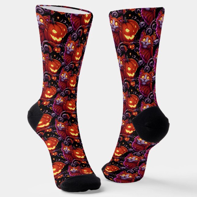 Mystical Cat & Glowing Pumpkins Socks (Angled)