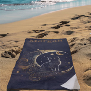 Mystical Cat Moon - Personalized Celestial Gift Beach Towel