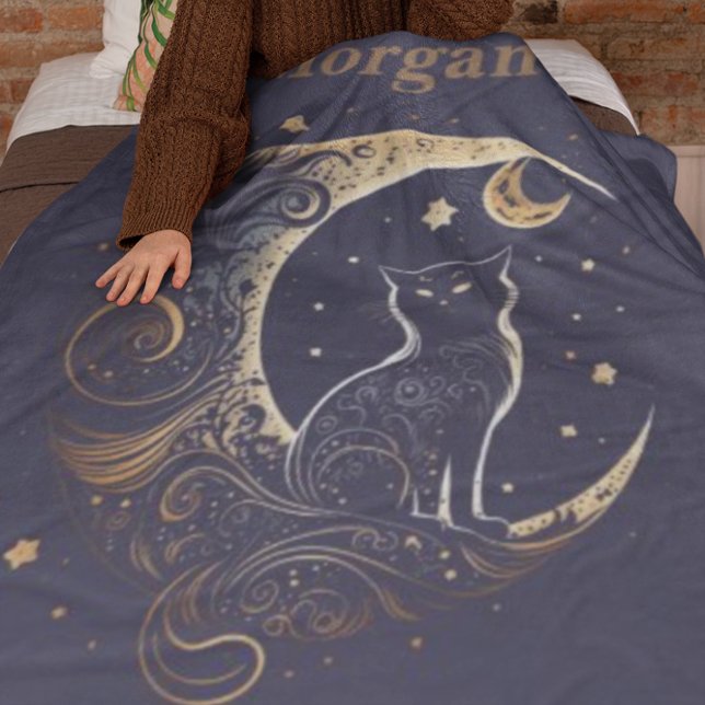 Mystical Cat Moon - Personalized Celestial Gift Fleece Blanket (Creator Uploaded)